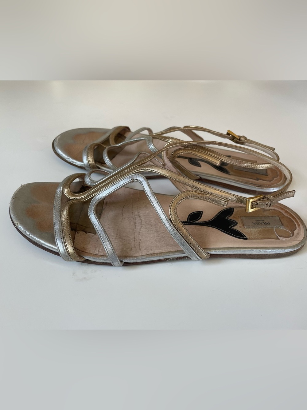 Prada Metallic Gold Silver Leather Strappy Flat Sandals EU 39 Made in Italy
